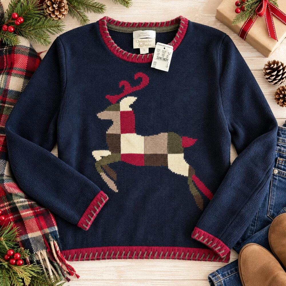 Christopher & Banks Reindeer Christmas Sweater Womens L Navy Patchwork NWT